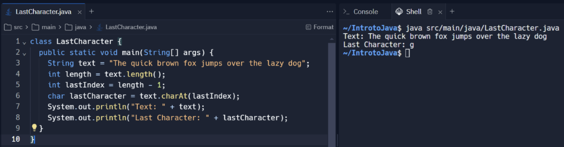 Screenshot of Output Screen of LastCharacter.java.