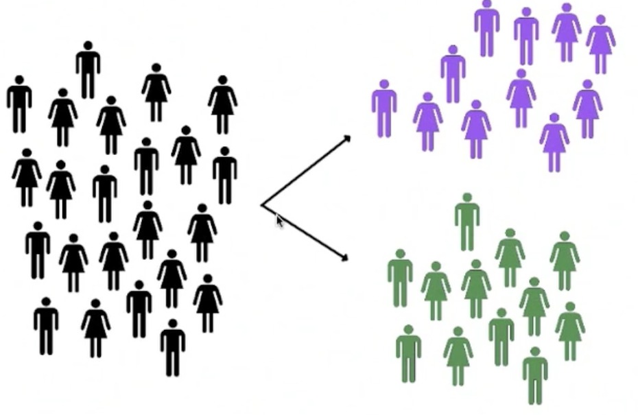 A group of people broken into two smaller groups, one that received the pill and one that did not. The people who received the pill are purple in color and the people who did not receive the drug are green in color. Each group has a mixture of men and women.