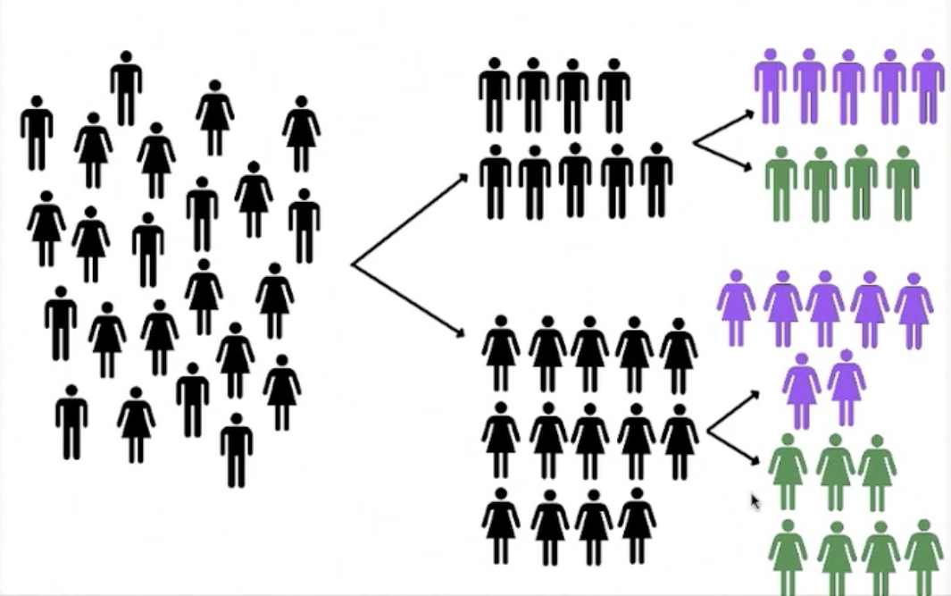 A group of people first separated into two groups; one with 9 males and the other with 14 females. The 9 males is further broken into two groups: 5 who received the treatment and 4 who did not. The 14 females are broken into two groups of 7; one group who received the treatment and the other who did not.