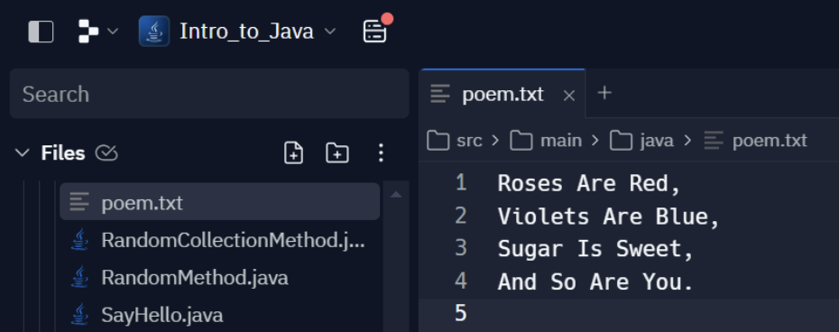 Editor panel showing the poem added.