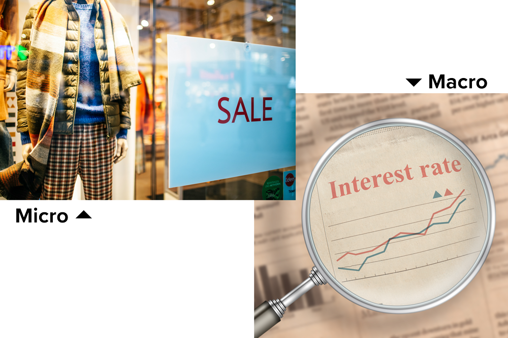 Microeconomics focus on a specific market. Macroeconomics focus on regional, national, or global markets.