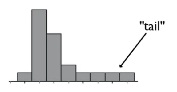 A histogram in which the hump is on the left and the tail is on the right.