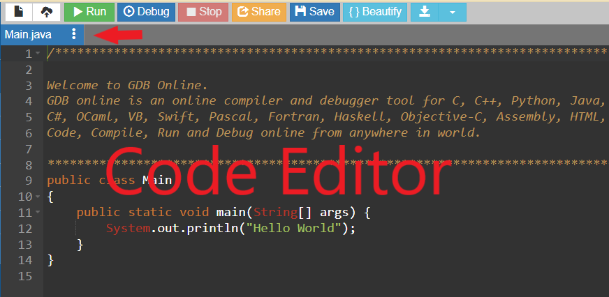 Screenshot of the GDB IDE Code Editor panel