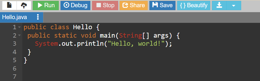 Screenshot of the GDB IDE code editor screen with the text Hello World displayed.