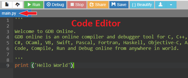 Screenshot of the GDB IDE Code Editor panel