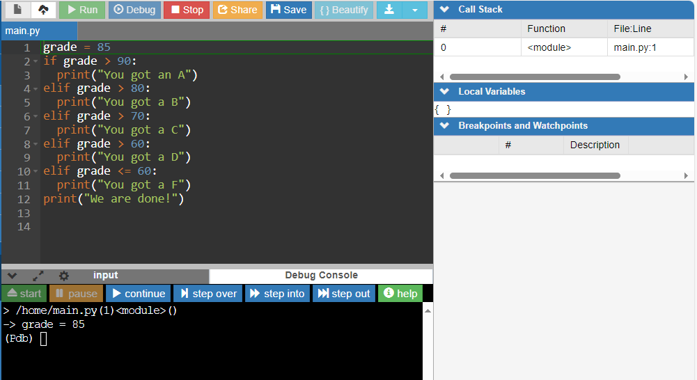 IDE in debug mode. Below the Code Editor pane is a debug consol, to the right is debug information like call stack, local variables, and breakpoints and watchpoints.