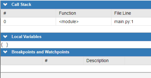 Status indication window on the right-hand side when the debug function is activated.