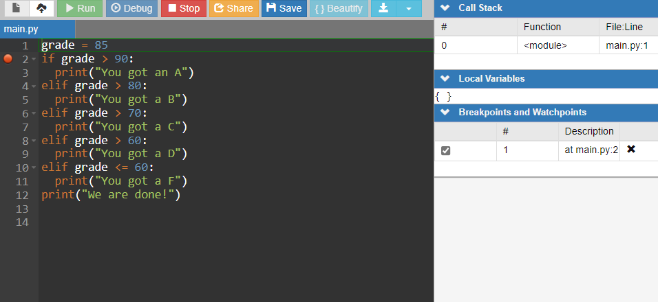 The IDE code editor pane showing a breakpoint on line 2.