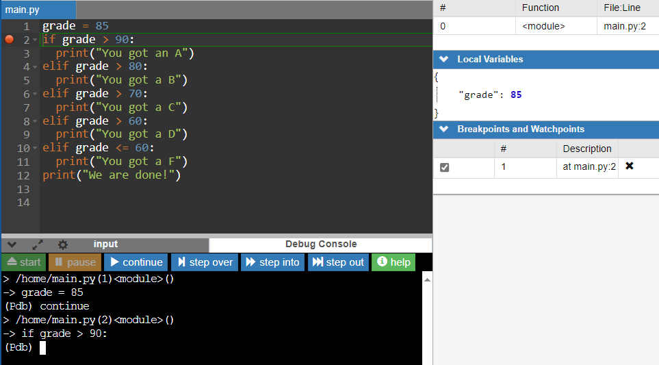 The IDE code editor pane showing the program stopped at the breakpoint.