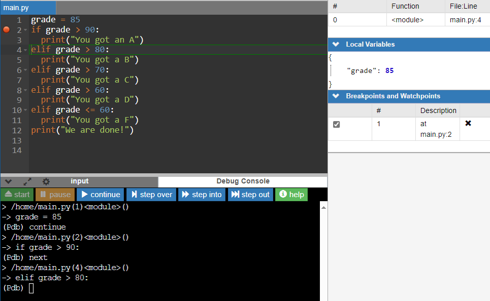 The IDE code editor screen with debugger stopping on line 4.