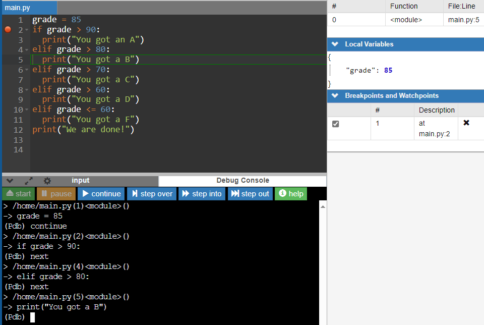 The IDE code editor screen with debugger stopping on line 5.