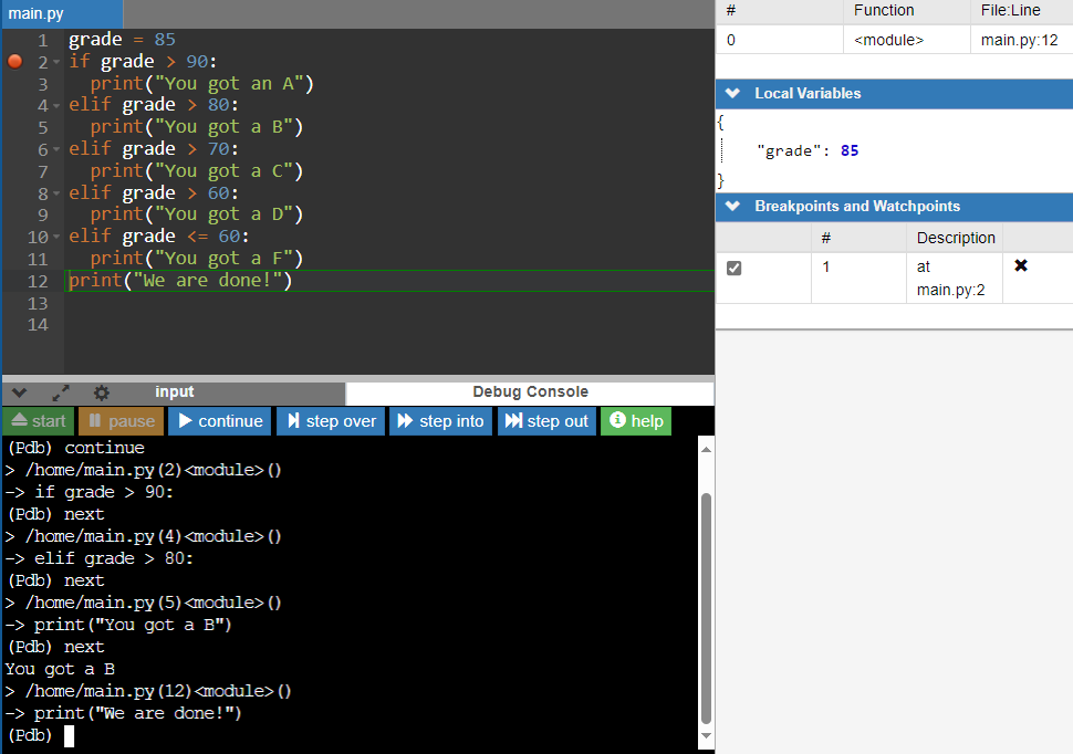 The IDE code editor screen with debugger stopping on line 12.