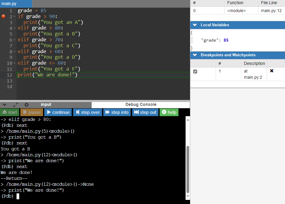 The IDE Debug Console showing We are done!
