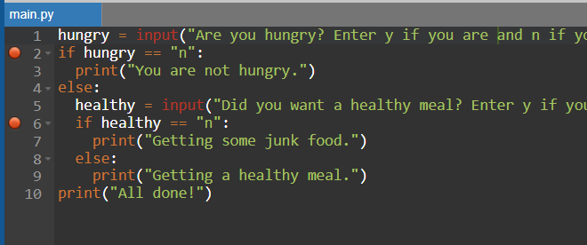 The IDE code editor screen with two breakpoints on lines 2 and 6.