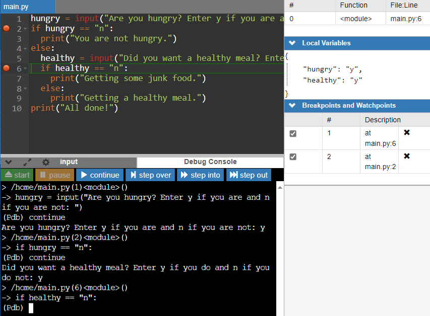 IDE showing a stop at line 6 and variables of 