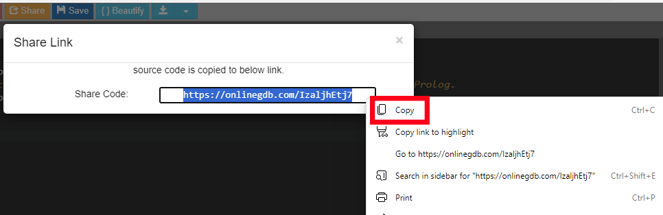 Share link window with share link highlighted and ready to copy.