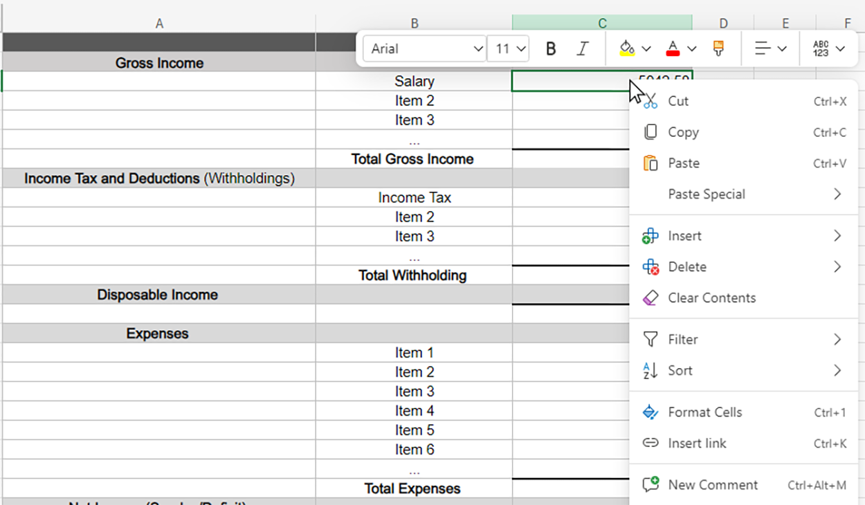 The image shows the right-click context menu has been opened for the cell containing the 5042.58 value under Salary in the Monthly column. The visible options include Cut, Copy, Paste, Insert, Delete, and Clear Contents, along with additional options such as Filter, Sort, Format Cells, and New Comment. These menu options are presented near the Salary value in Column C.