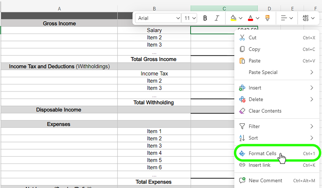 In this updated image, the Format Cells option from the right-click context menu is now highlighted with a green border. The cursor also points to the Format Cells option, indicating that it is selected. This is the primary difference from the previous image.