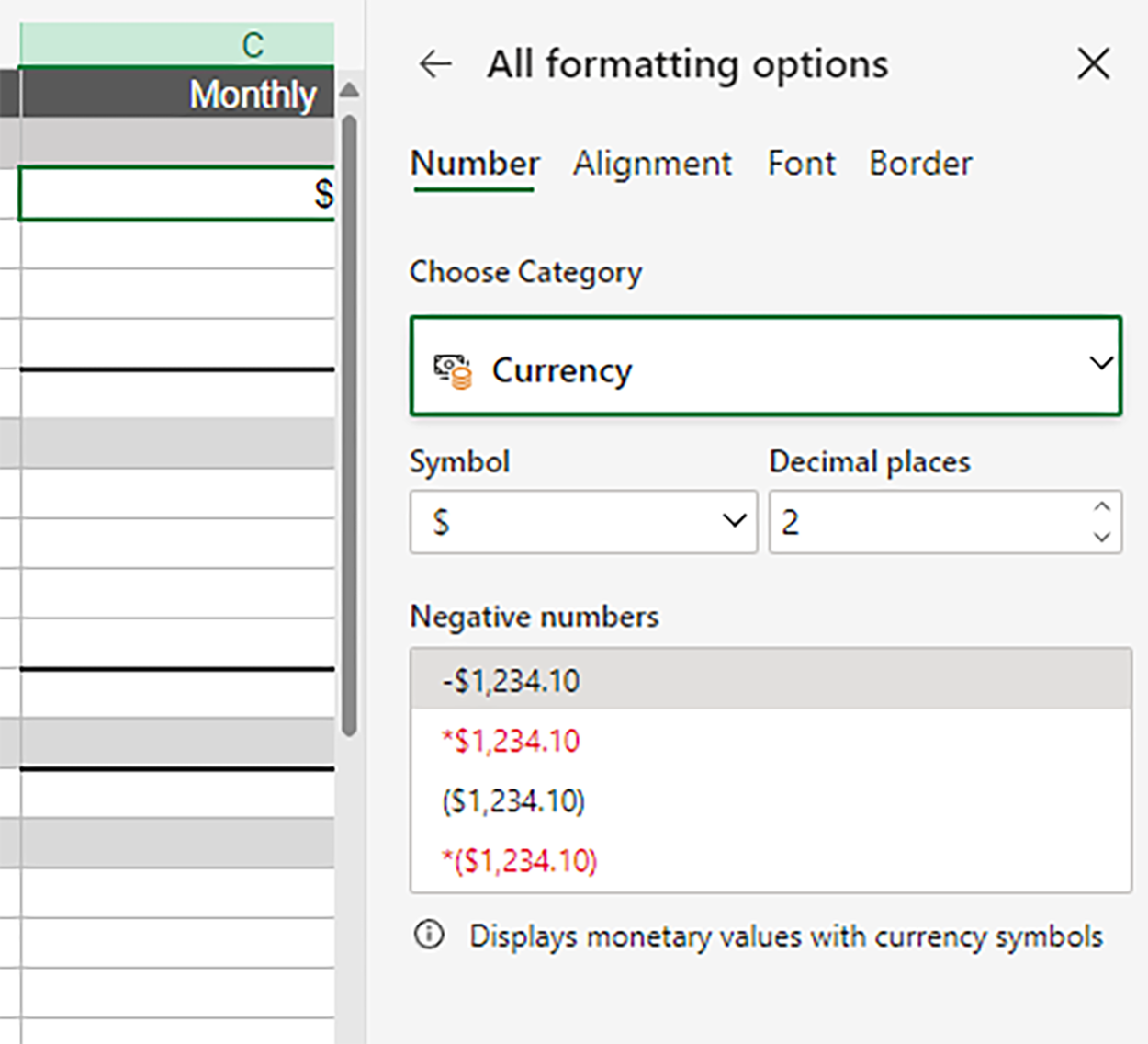 In this image, the ‘All formatting options’ panel remains open, and the Currency category is still selected. However, the Symbol field now shows a dollar sign ($), and the ‘Decimal places’ field is set to ‘2’. Below that, the ‘Negative numbers’ options are displayed, showing various formats for how negative numbers can be presented with currency symbols. The focus is on configuring the currency format for the selected cells.