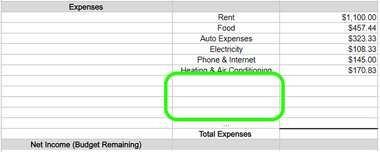 This image displays a spreadsheet where a new blank row has been inserted between Heating & Air Conditioning and the following empty rows under the Expenses section. The new row is highlighted with a green outline, showing where additional expense items or data could be added to the table.