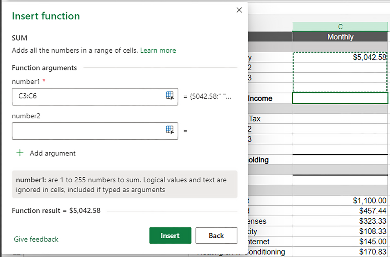 This image displays the ‘Insert function’ dialog box for the SUM function in a spreadsheet application. The ‘Function arguments’ section shows the selected range, C3:C6, with the corresponding total $5,042.58 already calculated. The user sets up the function to sum the values in that range and is ready to proceed by clicking the “Insert” button. The number1 field holds the range of cells to sum, and there is an option to add more arguments if needed.