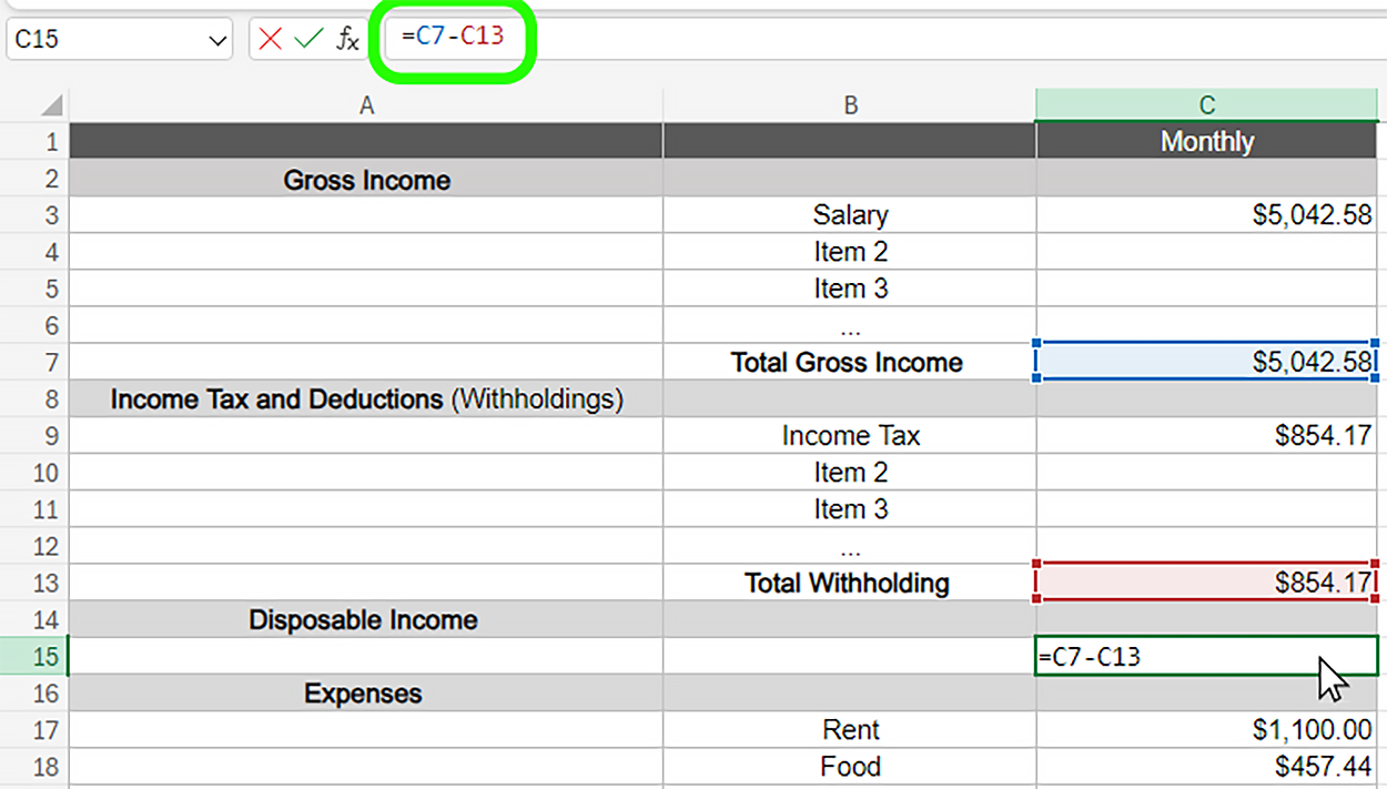 The image shows a spreadsheet formula being applied in Cell C15. The formula displayed is ‘=C7-C13’, which calculates the Disposable Income by subtracting the Total Withholding (in Cell C13) from the Total Gross Income (in Cell C7). The formula is highlighted, and the calculation will yield the net disposable income after deducting the withholdings from the gross income.
