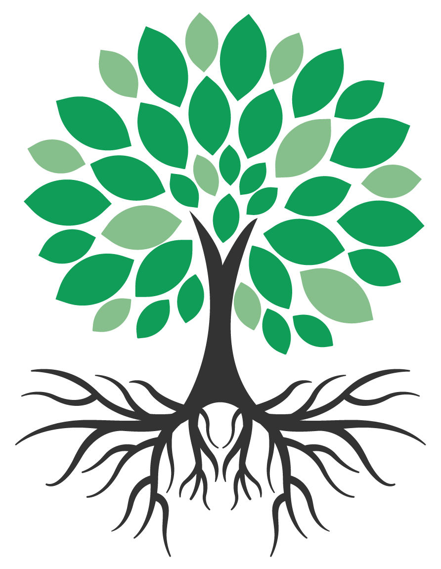 This image features a stylized tree, showcasing a vibrant canopy of leaves in various shades, symbolizing growth and vitality. The tree’s dark trunk and expansive root system highlight stability and foundation, emphasizing interconnectedness and support from the unseen roots to the visible branches. This design often represents concepts such as family, knowledge, growth, or ecological balance.