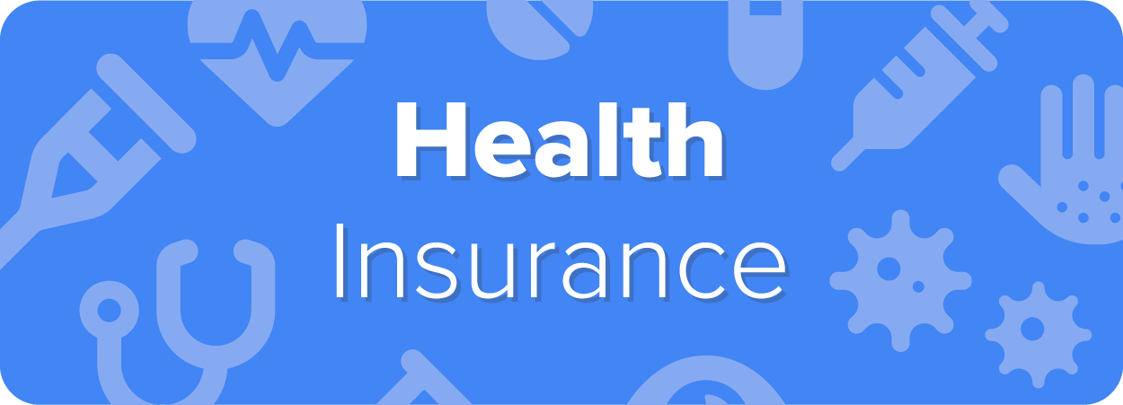 The image is a banner with the text “Health Insurance” prominently displayed. The background features various medical-themed icons, including a stethoscope, a syringe, a heart with a heartbeat line, bacteria, and a medical cross, symbolizing different aspects of health care and medical services. The design is clean and informative, emphasizing the importance of health insurance in covering medical expenses and providing financial protection for health-care needs.