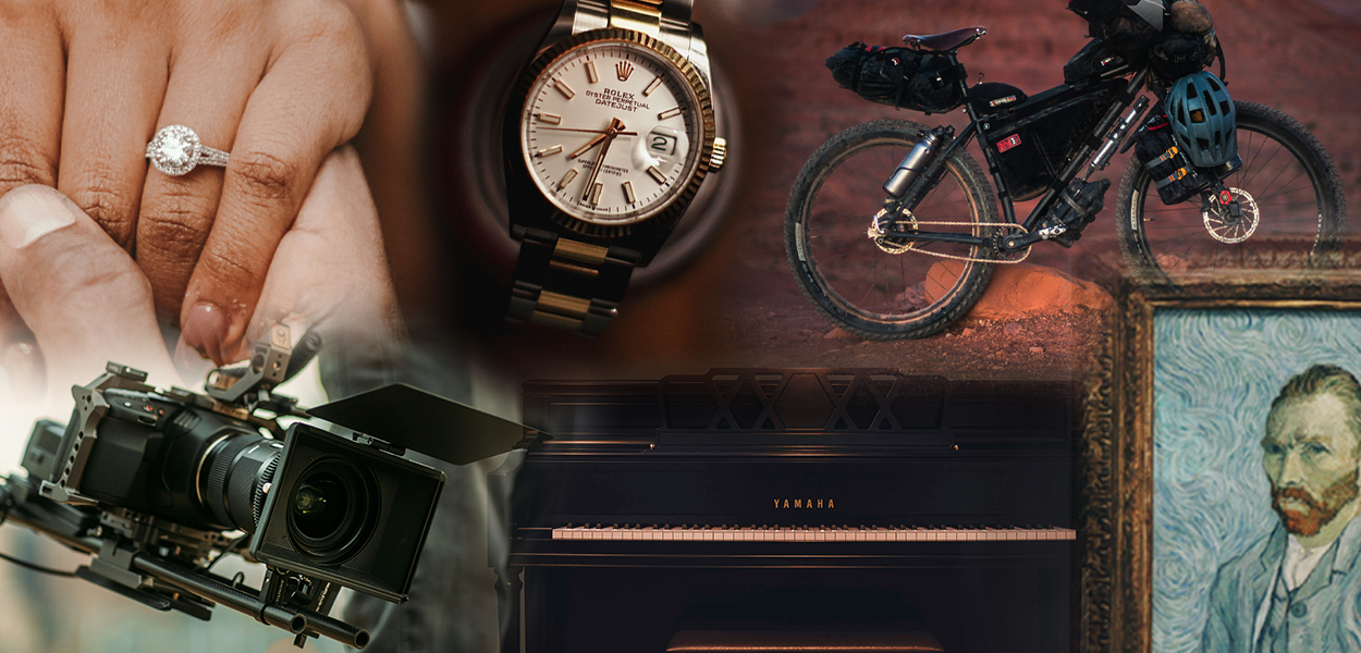The image is a collage featuring various high-value personal items. It includes a close-up of a hand wearing an engagement ring, a luxury wristwatch, a professional video camera, an adventure bicycle with mounted gear, a Yamaha piano, and a framed painting of Vincent van Gogh. Each item represents valuable possessions that might be insured, such as jewelry, watches, fine art, musical instruments, bicycles, and professional equipment. The composition visually conveys the importance of protecting valuable assets.