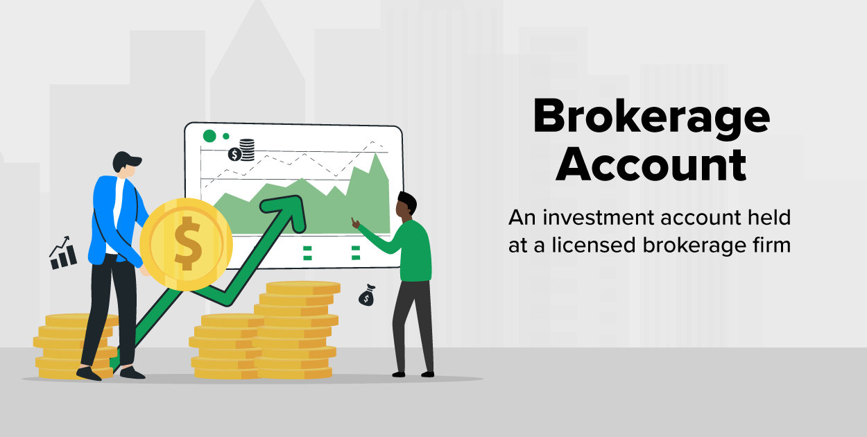 This image illustrates the concept of a brokerage account, which is an investment account held at a licensed brokerage firm. It visually represents financial growth through stock market investments, using symbols such as a rising chart, stacks of coins, and investors interacting with financial data. A brokerage account enables individuals to buy and sell various securities—including stocks, bonds, and ETFs—and help them build and manage their investment portfolios.