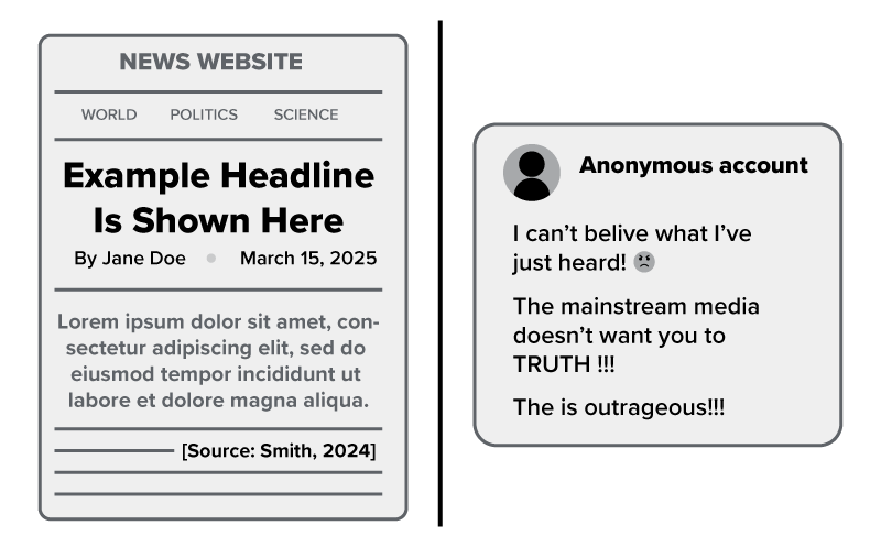 Side-by-side comparison of a credible news article with full attribution and a biased social media post showing anonymous claims, emotional language, and excessive punctuation.