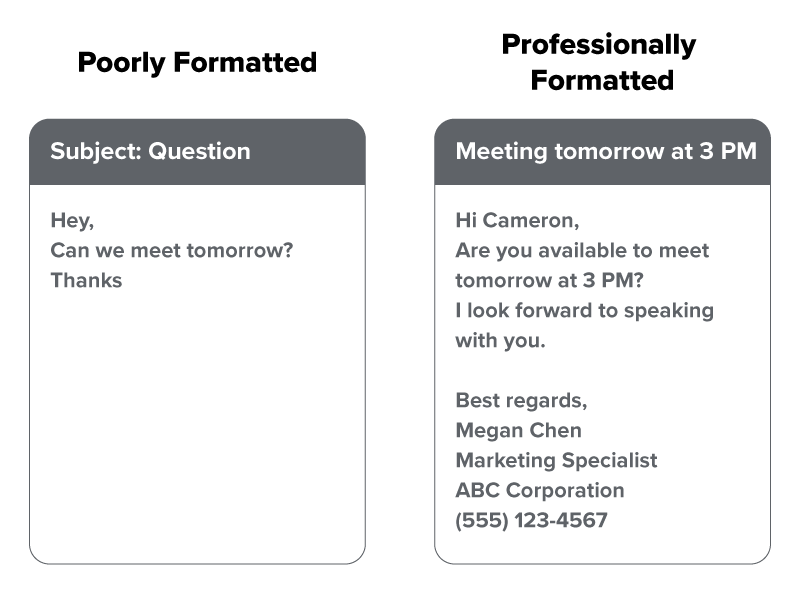 Split-screen showing two email examples side by side: one with poor formatting (vague subject line, casual greeting) and one with professional formatting (clear subject line, appropriate greeting, complete signature).
