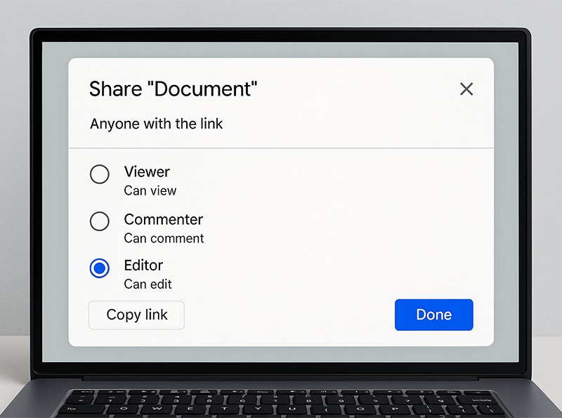 A computer screen showing file sharing settings with different permission levels (view, comment, and edit).