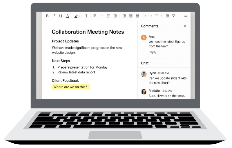 Shared document titled “Collaboration Meeting Notes” with visible sections and a sidebar showing a comment and a chat between collaborators.