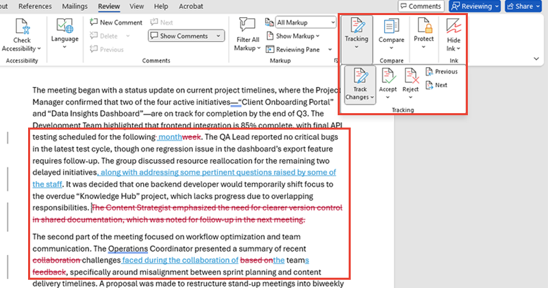 Microsoft Word interface with the Review tab open, showing “Track Changes,” “Accept,” and “Reject” buttons in the ribbon, and sample edits in the document highlighted.