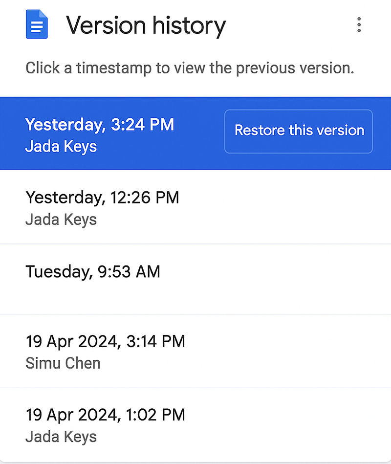Google Docs version history panel showing a list of time stamps, editors’ names, and a “Restore this version” button for the selected entry.