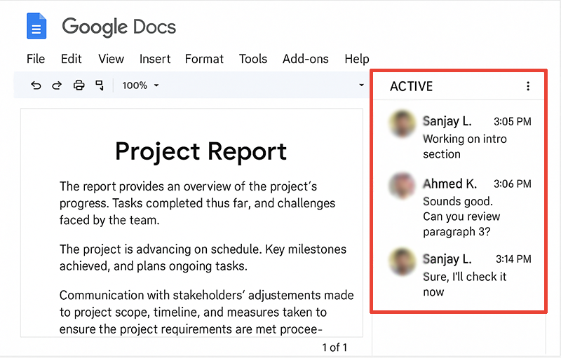 Google Docs chat sidebar showing a conversation between collaborators with time stamps.