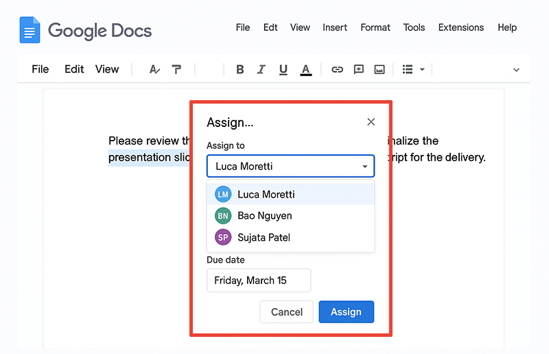 Google Docs task assignment pop-up showing a selected user, drop-down list of teammates, and due date field.