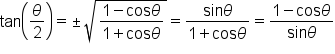 tan open parentheses theta over 2 close parentheses equals plus-or-minus square root of fraction numerator 1 minus cos theta over denominator 1 plus cos theta end fraction end root equals fraction numerator sin theta over denominator 1 plus cos theta end fraction equals fraction numerator 1 minus cos theta over denominator sin theta end fraction