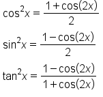 table attributes columnalign left end attributes row cell cos squared x equals fraction numerator 1 plus cos open parentheses 2 x close parentheses over denominator 2 end fraction end cell row cell sin squared x equals fraction numerator 1 minus cos open parentheses 2 x close parentheses over denominator 2 end fraction end cell row cell tan squared x equals fraction numerator 1 minus cos open parentheses 2 x close parentheses over denominator 1 plus cos open parentheses 2 x close parentheses end fraction end cell end table