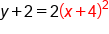y plus 2 equals 2 open parentheses x plus 4 close parentheses squared