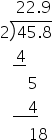space space space space 22.9
2 long division enclose 45.8 end enclose
space space space stack space 4 with bar below
space space space space space space space 5
space space space stack space space space space 4 with bar below
space space space space space space space 18
