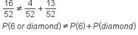 table attributes columnalign left end attributes row cell 16 over 52 not equal to 4 over 52 plus 13 over 52 end cell row cell P left parenthesis 6 space o r space d i a m o n d right parenthesis not equal to P left parenthesis 6 right parenthesis plus P left parenthesis d i a m o n d right parenthesis end cell end table