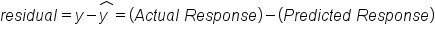 r e s i d u a l equals y minus stack y space with hat on top equals left parenthesis A c t u a l space R e s p o n s e right parenthesis minus left parenthesis P r e d i c t e d space R e s p o n s e right parenthesis