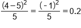 open parentheses 4 minus 5 close parentheses squared over 5 equals fraction numerator begin display style open parentheses short dash 1 close parentheses squared end style over denominator 5 end fraction equals 0.2