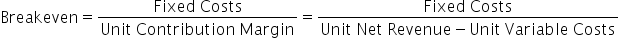 Breakeven equals fraction numerator Fixed space Costs over denominator Unit space Contribution space Margin end fraction equals fraction numerator Fixed space Costs over denominator Unit space Net space Revenue minus Unit space Variable space Costs end fraction