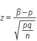 z equals fraction numerator p with hat on top minus p over denominator square root of begin display style fraction numerator p q over denominator n end fraction end style end root end fraction