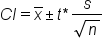 C I equals x with bar on top plus-or-minus t asterisk times fraction numerator s over denominator square root of n end fraction