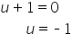 u plus 1 equals 0
space space space space space space space u equals short dash 1