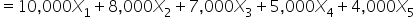 equals 10 comma 000 X subscript 1 plus 8 comma 000 X subscript 2 plus 7 comma 000 X subscript 3 plus 5 comma 000 X subscript 4 plus 4 comma 000 X subscript 5